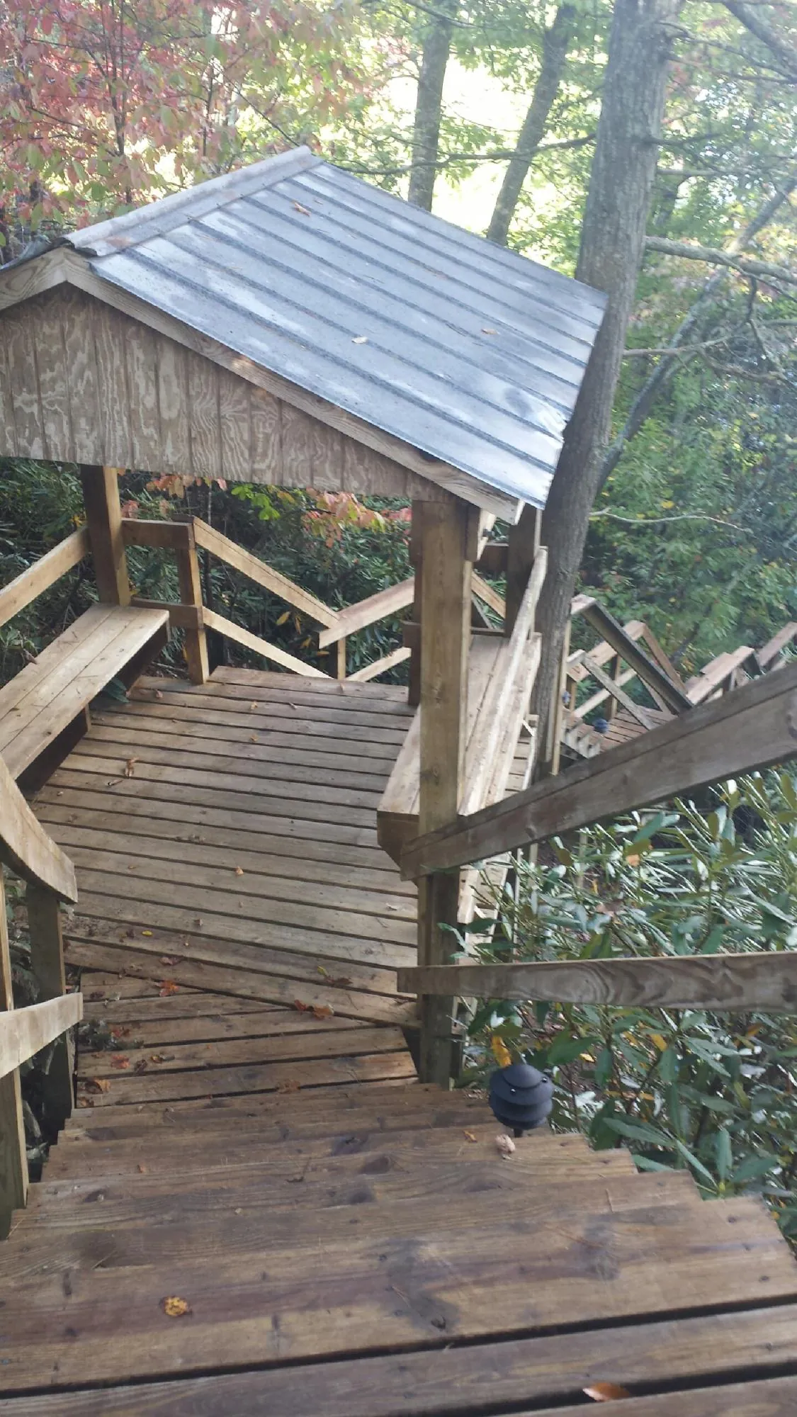 Metal roofed shelter over wooden steps on a wooded walkway — Skylight Repair & Installation work by our crew in Red Boiling Springs